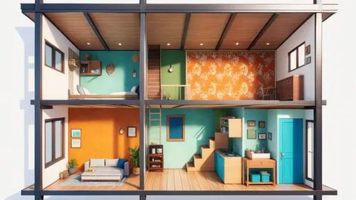 casa de campo en steel frame, pisos simil madera,three pictures of the inside of a home,cubic house,dollhouses,dolls houses,shipping container,cube house,shipping containers,doll house,lofts,bunks,kid