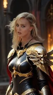 "Une guerrière Sœur de Bataille de l'univers de Warhammer 40,000, dans un style réaliste et sombre avec une touche gothique futuriste. Elle a les cheveux blancs coupés courts, une peau pâle, et une ex