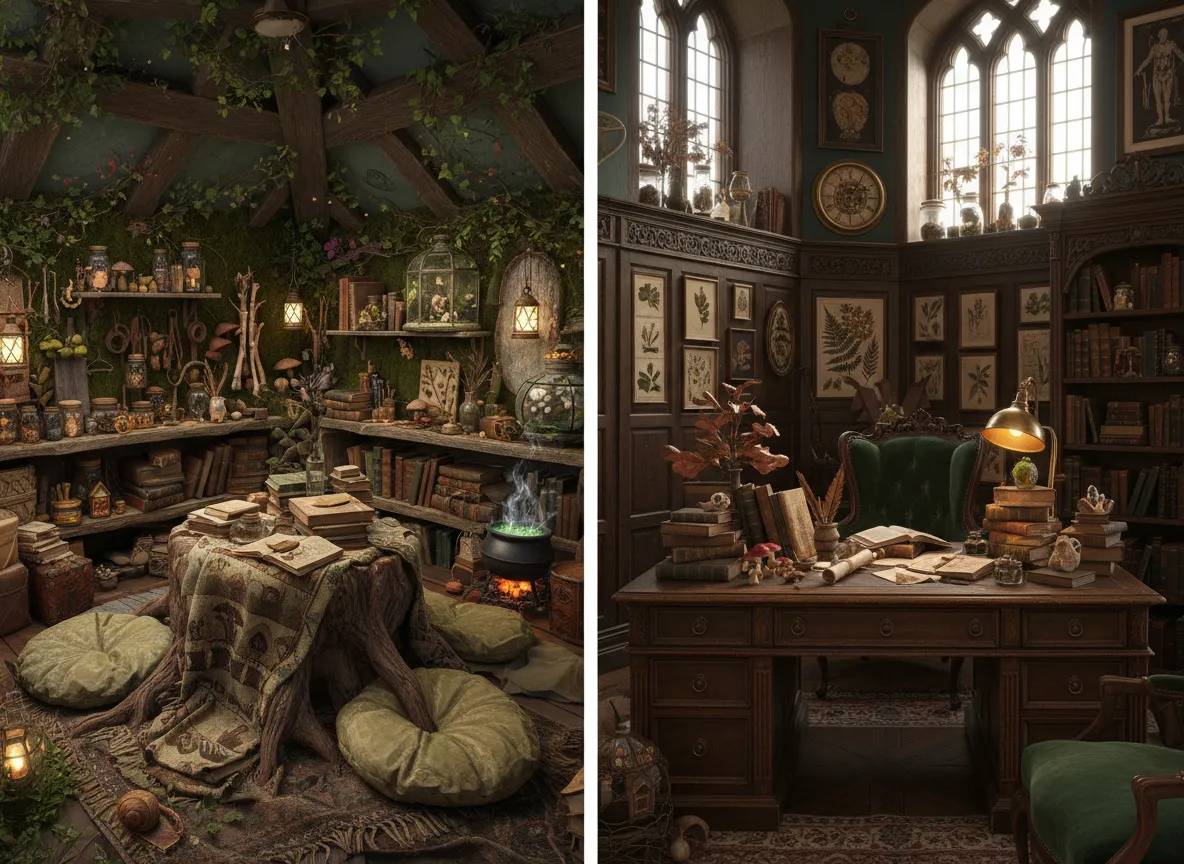 Un'immagine divisa in due, che mostra una stanza puramente Goblincore da un lato e uno stile ibrido Goblincore/dark academia dall'altro.