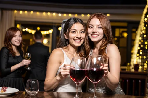 madre e hija tomando una copa de vino en año nuevo de fiesta,asiaticas,sommeliers,resveratrol,hostesses,wine bar,barmaids,two types of wine,wine tavern,soori,new year celebration,winebow,wine diamond,