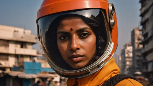 ultrafuturistic construction worker woman in a spacesuit in mumbai, in the style of the photography book “The Suffering of Light” by photographer Alex Webb. Master photo with excellent light, color an