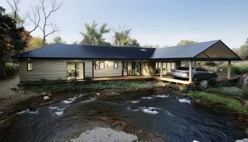 a house next to a rushing river on a hillside,inverted cottage,pool house,brindabella,chalet,idyllic,bombadil