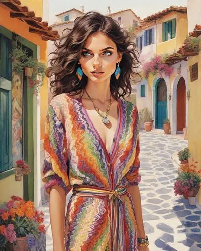 VINTAGE PHOTOGRAPH OF A WOMAN IN CASUAL CLOTHING FROM THE 80s,italian painter,color pencil,mediterranean,tuscan,capri,color pencils,colorful,boho,bazaar,positano,puglia,boho art,santorini,colour penci