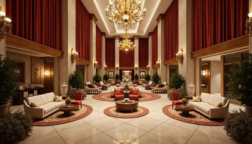 Luxurious hotel lobby, rich velvet drapes, ornate gold chandeliers, warm beige marble floors, intricate wooden paneling, lavish furnishings, soft cream-colored sofas, plush red armchairs, elegant crys