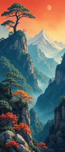 A majestic, detailed landscape painting: In the Hall of the Mountain King,a painting of a sunset scene with trees and mountains,japanese mountains,bonsai,japan landscape,kurama,japanese sakura backgro