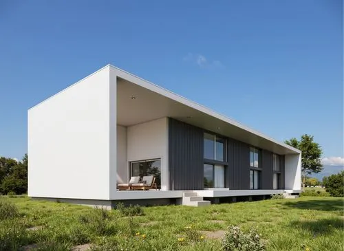 A photo-realistic rendering of a modern, minimalist house with a minimalist design. the house is situated on a grassy field, with a clear blue sky in the background. the building is a two-story struct