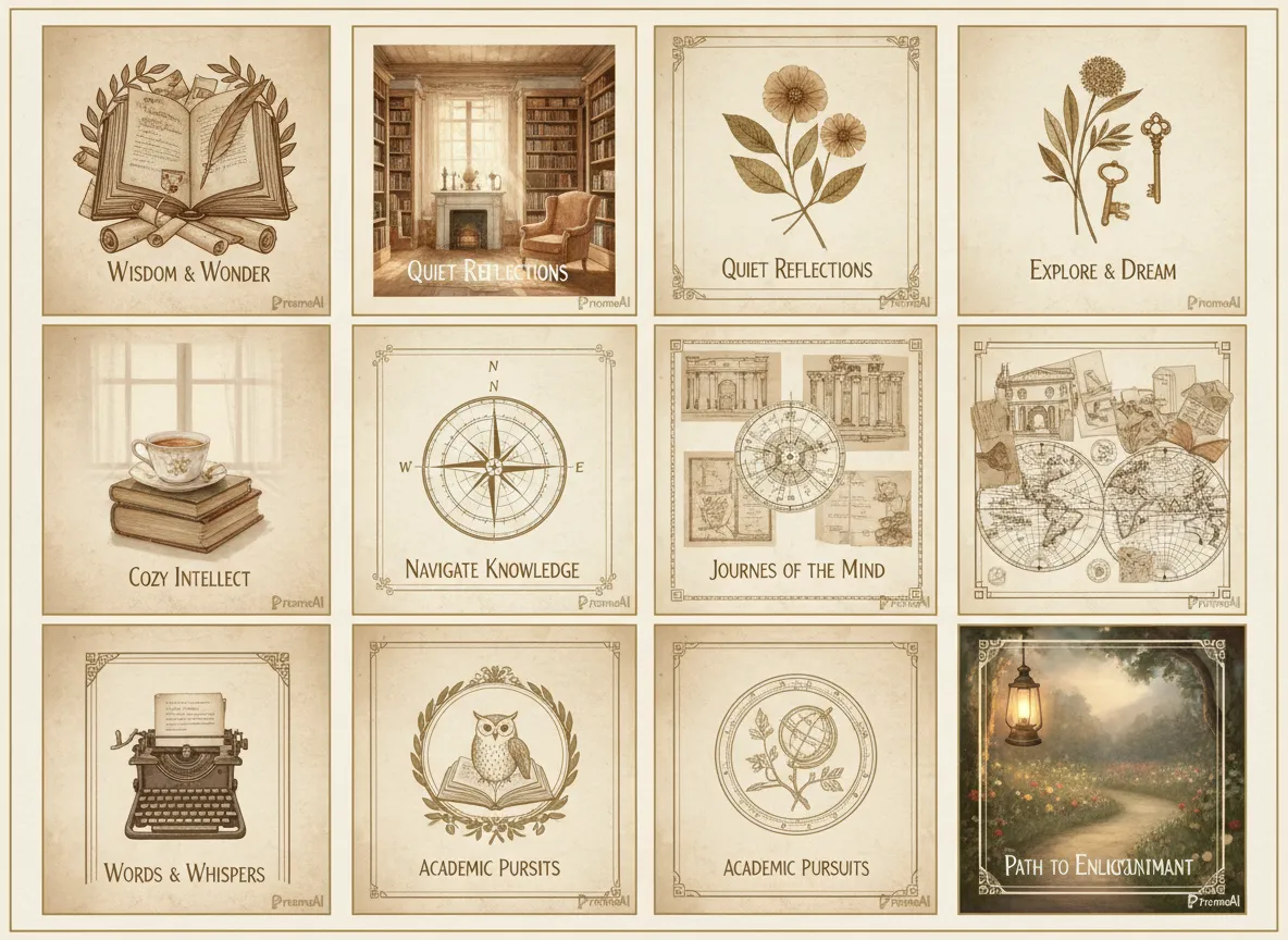 Una griglia di nove diverse varianti di poster Light Academia, che dimostra la capacità di PromeAI di generare rapidamente molteplici opzioni di design.