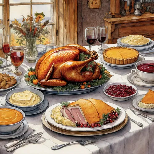 Create an illustration depicting a bountiful Thanksgiving table filled with delicious dishes like roast turkey, cranberry sauce, mashed potatoes, and pumpkin pie. Rich details. ,thanksgiving backgroun