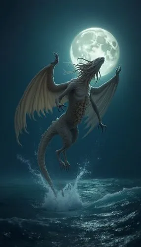 A squid-griffin creature rising from the sea, its wings catching the moonlight


,a dragon flying through the air in front of a full moon,brisingr,wyvern,drache,dragao,dragon of earth,draconis