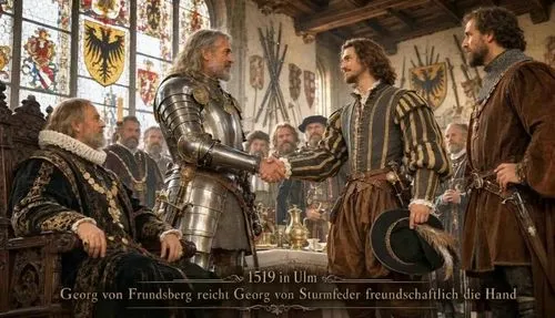 A cinematic, photorealistic view of a 16th-century banquet scene inside Ulm Town Hall, 1519, with the original composition and characters unchanged. Georg von Frundsberg warmly shakes Georg von Sturmf