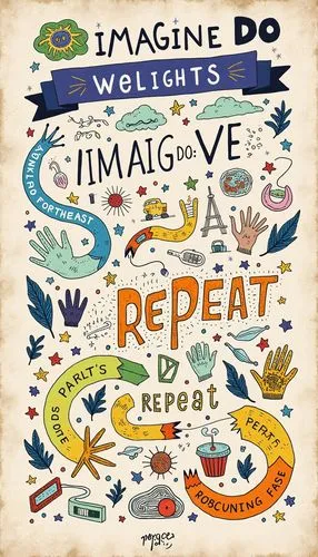 A vibrant, hand-drawn infographic with the text "Imagine, Do, Repeat" on a textured paper background. The infographic is divided into three sections: "Imagine," "Do," and "Repeat." The "Imagine" secti