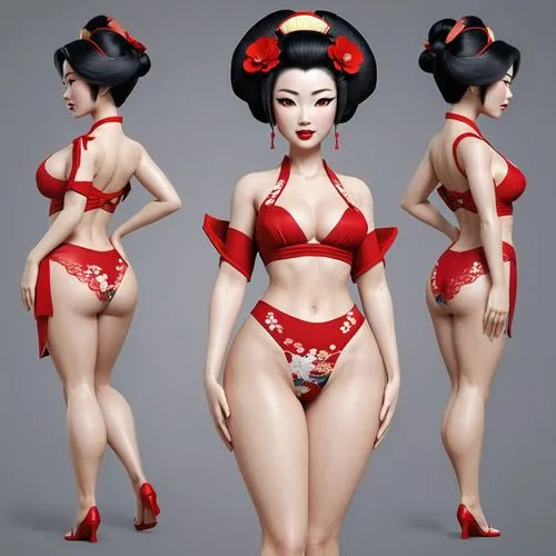 Create only high resolution, pixar 3d, 4k, character sheet style images like a paper doll, A pose. She must be wearing a red lace strap bra and sexy  delta wing thong, and show her entire body. (((Sho