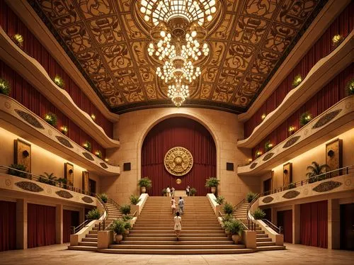 Grandiose amphitheater, ornate Art Deco facade, intricate geometric patterns, metallic accents, golden details, curved lines, grand staircase, luxurious velvet curtains, majestic chandeliers, ornament