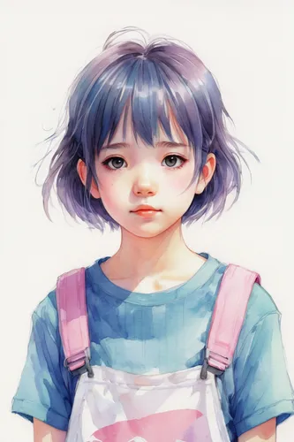 Colored pencil drawing, sketch, oekaki,,worried girl,hinata,soft pastel,girl portrait,child girl,watercolor blue,digital painting,girl in overalls,girl drawing,watercolor paint,child portrait,2d,water