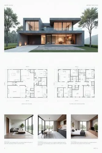 A professional architectural presentation board with a Pure background and a clean, minimalist design layout. The board includes:

Top Section: On the top left, a photorealistic render of a contempora