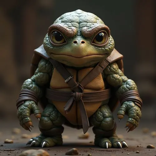 Intricately textured, hyper-realistic 3D of a giant-eyed turtle ninja dressed as bruce lee, dojo, reminiscent of high-definition 8K UHD cinematic photography, evoking the likes of ILM's photorealistic