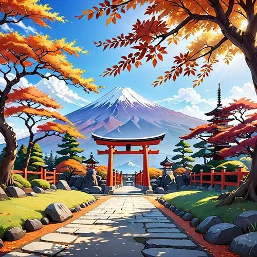 Iconic Japanese landscape, anime art style, a majestic, vibrant red Shinto torii gate framing a perfectly paved stone path leading towards the snow-capped peak of Mount Fuji in the distance, serene Ja