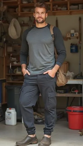 A comfortable fall outfit with a thermal henley, jogger pants, and slip-on clogs. He’s working on a DIY project in a home garage, embracing a practical yet casual look for cooler days.















