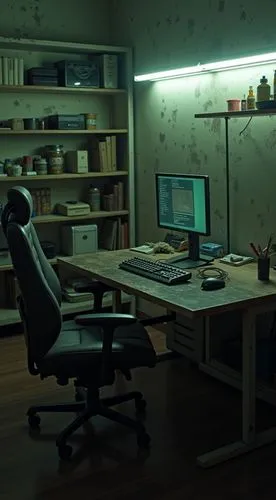 A dimly lit, run-down gaming setup in a neglected Taiwanese room.a scratched, worn-out wooden desk, surrounded by peeling, stained concrete walls. The fluorescent tube light above casts a cold, clinic