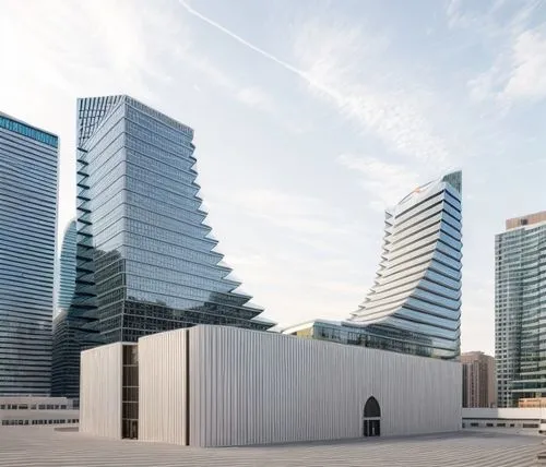 aerial view,distant shot,office building mid rise,commercial building complex,Curved style,Futuristic style,norman foster style,,modern facade,vertical frame,streets,plaza,commercial atmosphere,sidewa