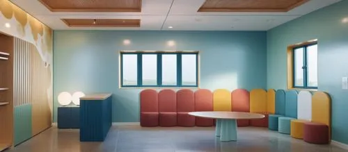 international kids school reception area n waitng area ,a colorful room has large walls and a bench,children's interior,children's room,children's operation theatre,therapy room,doctor's room,vitra,so