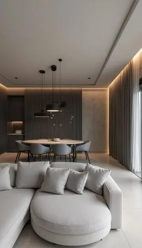 Minimalist open-concept living room and dining area, soft neutral gray tones, sleek L-shaped sofa with textured gray fabric, round marble dining table surrounded by modern gray chairs, black pendant l