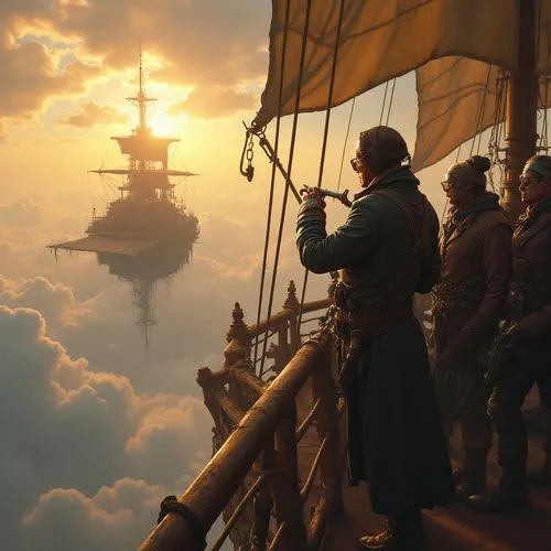 "Un grupo de piratas del cielo en un mundo steampunk, de pie sobre la barandilla de un enorme dirigible de metal y madera con engranajes y tuberías de vapor. El capitán, con un brazo mecánico y un lar