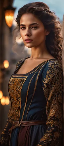 Woman in medieval times, Fujifilm XT3), Post-processing, (city background, lights, blurred:1.2), (Fashion Movie Scene), Cinematic, Dark Tones, (Complex 3d render), RTX, SSAO, HBAO, Fine Art, Double Ex