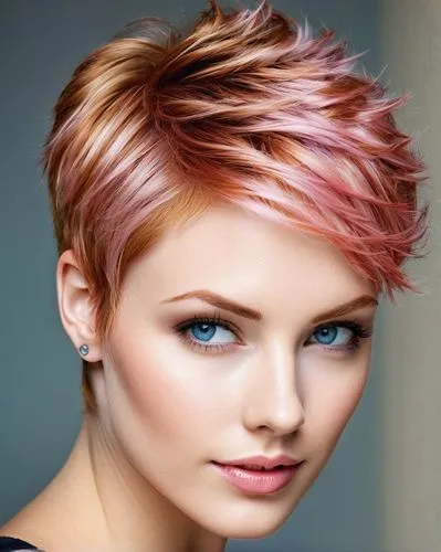 young woman, beautiful short pixie cut strawberry blonde with pink highlights, blue eyes,a very beautiful young woman with bright pink hair,natural pink,natural color,aelita,trend color,short blond ha