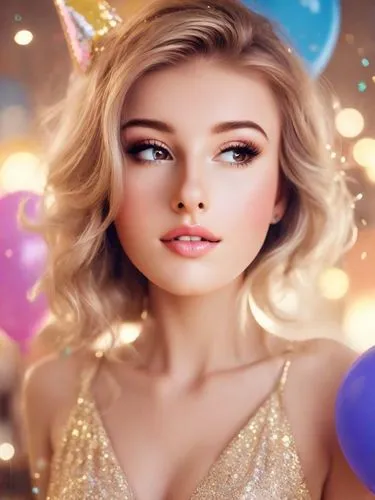 Birthday girl, party, in the style of Ellen Von Unwerth, colourful,a woman with white hair and blue eyes,birthday banner background,birthday background,portrait background,party banner,little girl wit