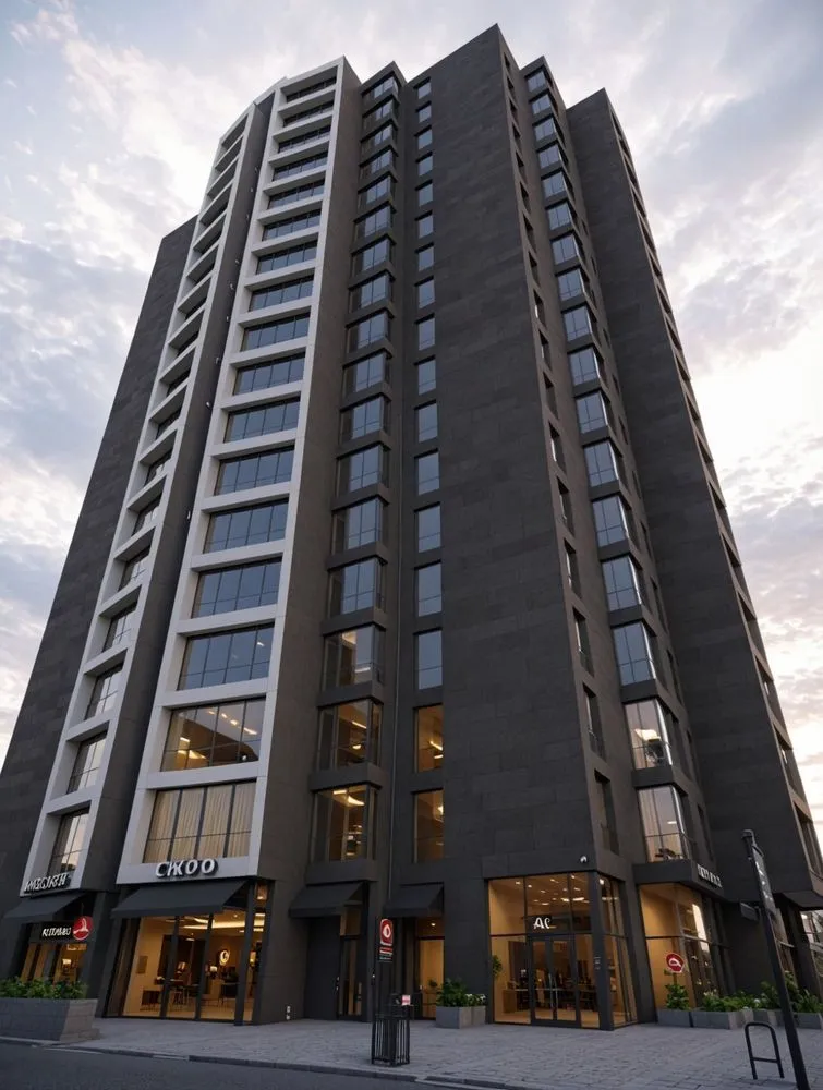 a building with two floors has many windows and lots of lights