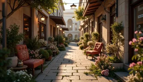 Warm golden lighting, soft pastel hues, whimsical florals, distressed wood textures, vintage metal accents, ornate architectural details, lush greenery, delicate lace patterns, rich velvet fabrics, an