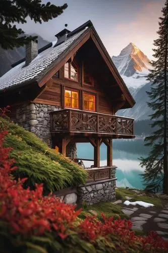 Alpine chalet, wooden structure, triangular roof, stone foundation, white walls, brown windows, red door, greenery vines crawling up walls, surrounding mountains, snow-capped peaks, evergreen trees, f