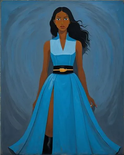 A detailed digital illustration featuring a mysterious woman in a vibrant blue dress and black belt, standing amidst a dark gray backdrop. Her gaze, lost in thought, draws you in adding depth; her dar