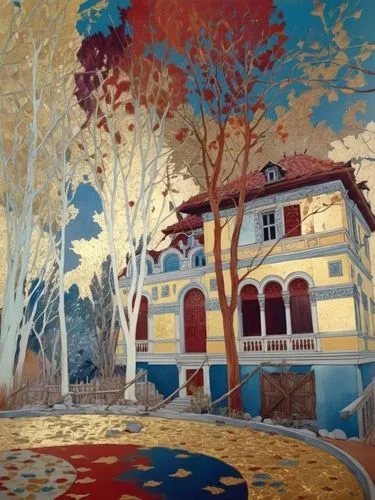 Особняк в неорусском стиле,a painting of a house on a blue sky,autumn landscape,villa,home landscape,the autumn,one autumn afternoon,house in the forest