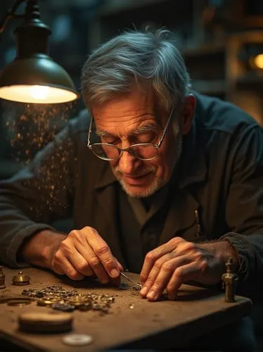 An old watchmaker intently examining a tiny gear under a magnifying glass in his cluttered workshop. He’s in his 70s, with thick glasses perched on his nose, a gentle smile, and steady hands holding a