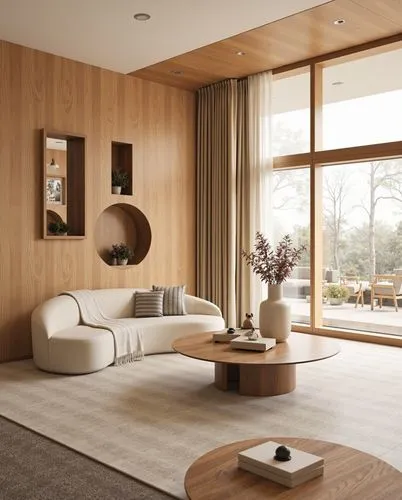 Warm-toned wood paneling, minimalist aesthetic, soft neutral textiles, seamless glass frames, natural curves, balanced proportions, understated detailing, cozy and modern.

,this is a room with wood w