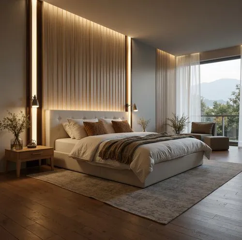Create a cozy and modern bedroom featuring a plush bed with a neutral headboard. Use vertical ambient lighting behind the bed, wood flooring, and a large glass balcony with mountain views. Add elegant