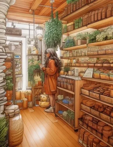 watercolor tea shop,apothecary,watercolor shops,flower shop,pantry,watercolor cafe,kitchen shop,village shop,grocer,brandy shop,merchant,greengrocer,colored pencil background,studio ghibli,store,groce