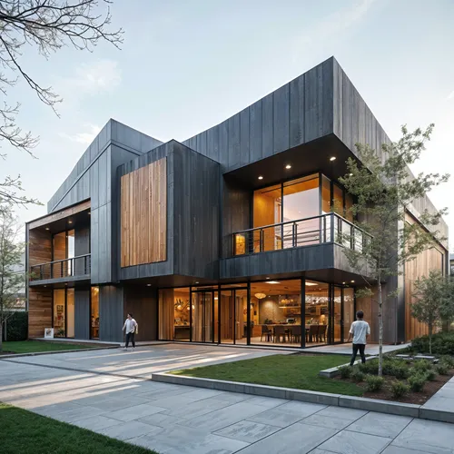 A distinctive aesthetic that incorporates diverse materials such as metal, glass, wood, and concrete in creative combinations,an image of a house that has been designed to be very modern,modern house,