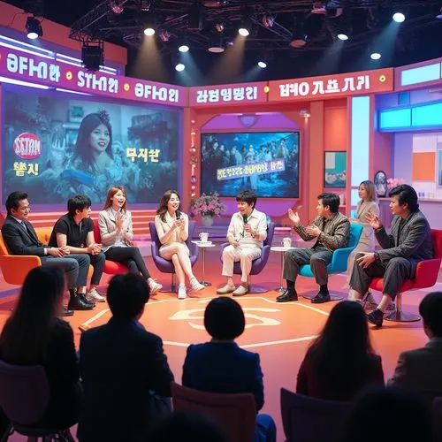 A lively and vibrant set of a Japanese or Korean talk show, designed with bright colors and playful decorations. The background features large, bold graphics, neon lights, and thematic props, such as 