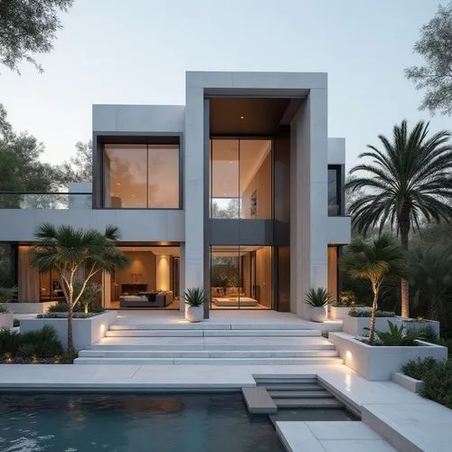 A hyper-realistic, high-resolution architectural photograph capturing a grand, ultra-modern luxury mansion at twilight. The building’s façade is composed of smooth white stone panels contrasted with s