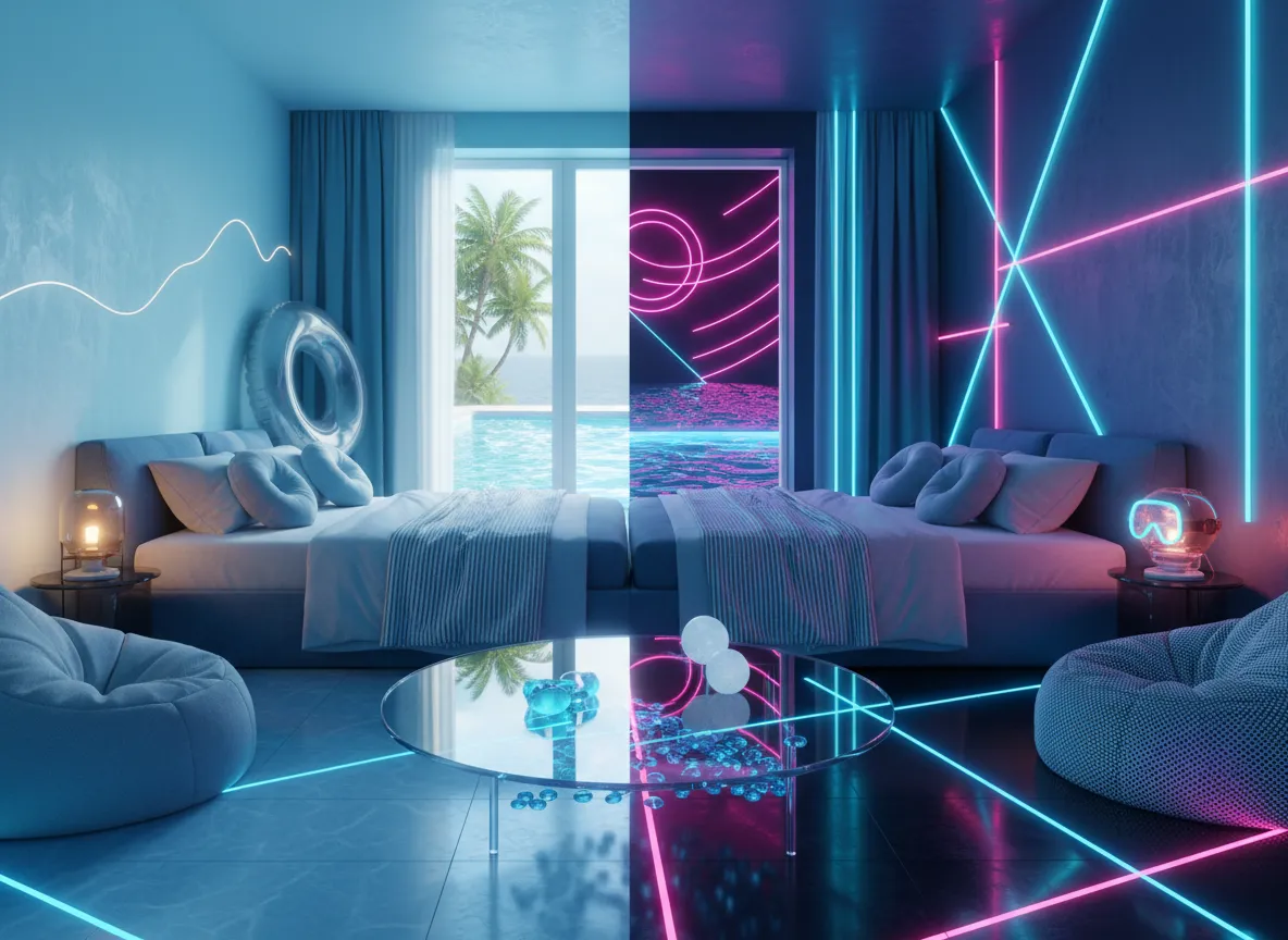Un'immagine divisa in due stili: un lato è una camera da letto Poolcore fotorealistica, l'altro è una versione stilizzata e illuminata al neon della stessa scena.