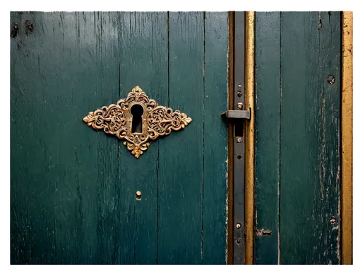 Old lock, vintage metal, rusty surface, intricate carvings, large keyhole, ornate details, worn-out edges, golden hinges, ancient door, mysterious atmosphere, warm lighting, shallow focus, close-up sh