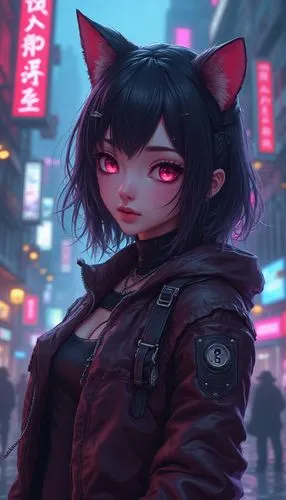 A close  eye view of 
 mesmerizing hyper-realistic cyberpunk illustration by Cihan Cevik, featuring a captivating female anime character sporting trendy cat ears and a head-turning futuristic outfit. 