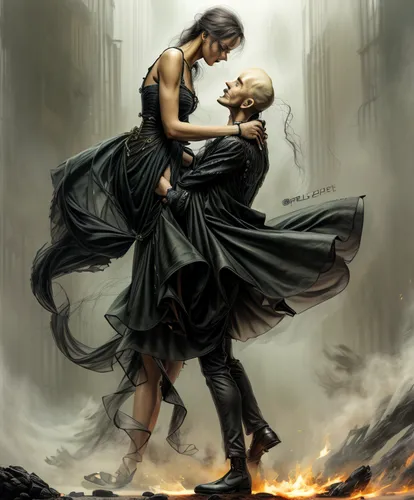a man in leather is holding a woman in her hands,dance of death,waltz,waltzing,dancing couple,gone with the wind,ballroom dance silhouette,romancing,fantasy picture,romantic scene,fantasy art,waltzes,