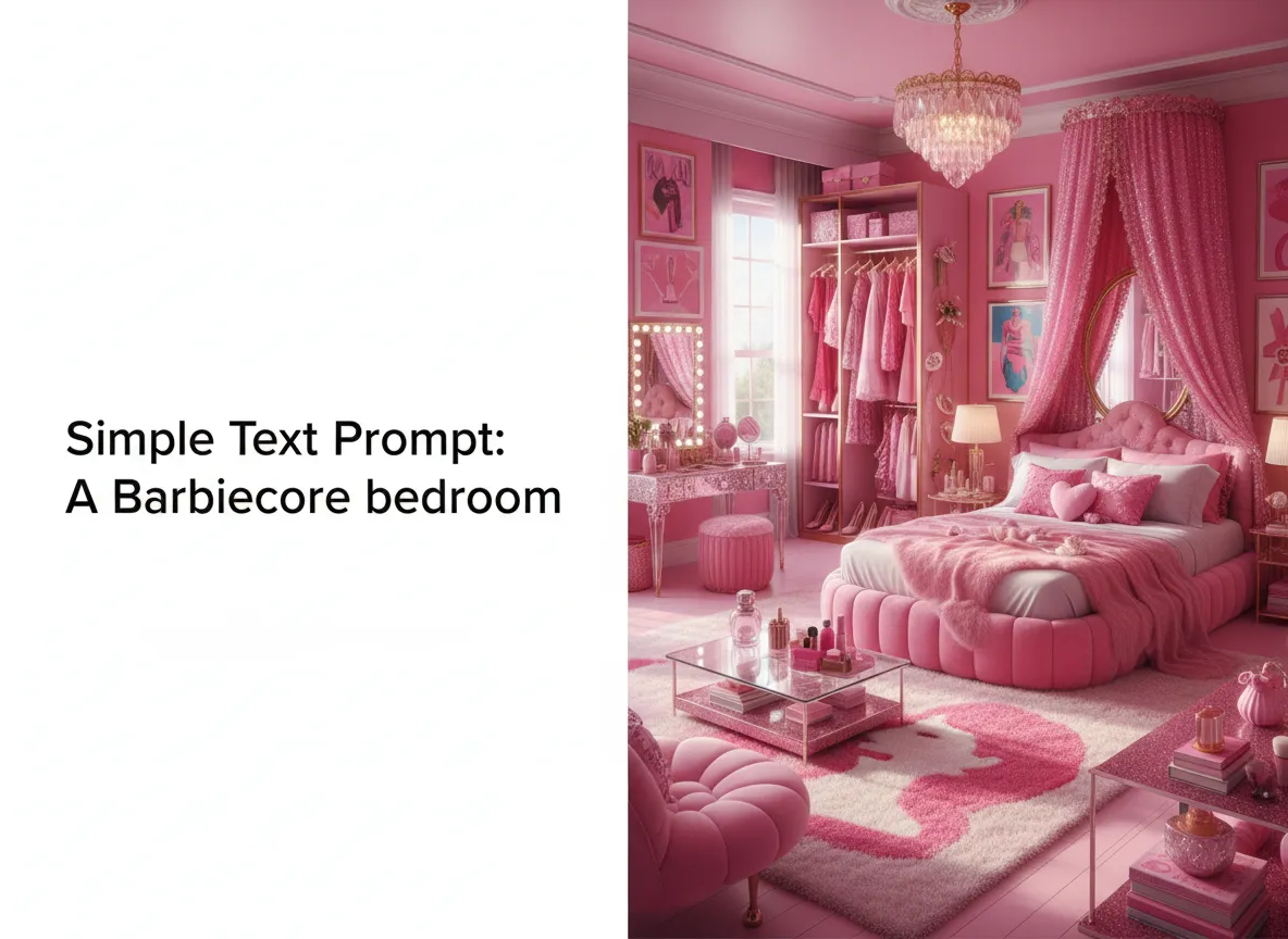एक स्प्लिट-स्क्रीन जिसमें एक तरफ एक सरल टेक्स्ट प्रॉम्प्ट और दूसरी तरफ एक विस्तृत AI-जनित Barbiecore बेडरूम दिखाया गया है।