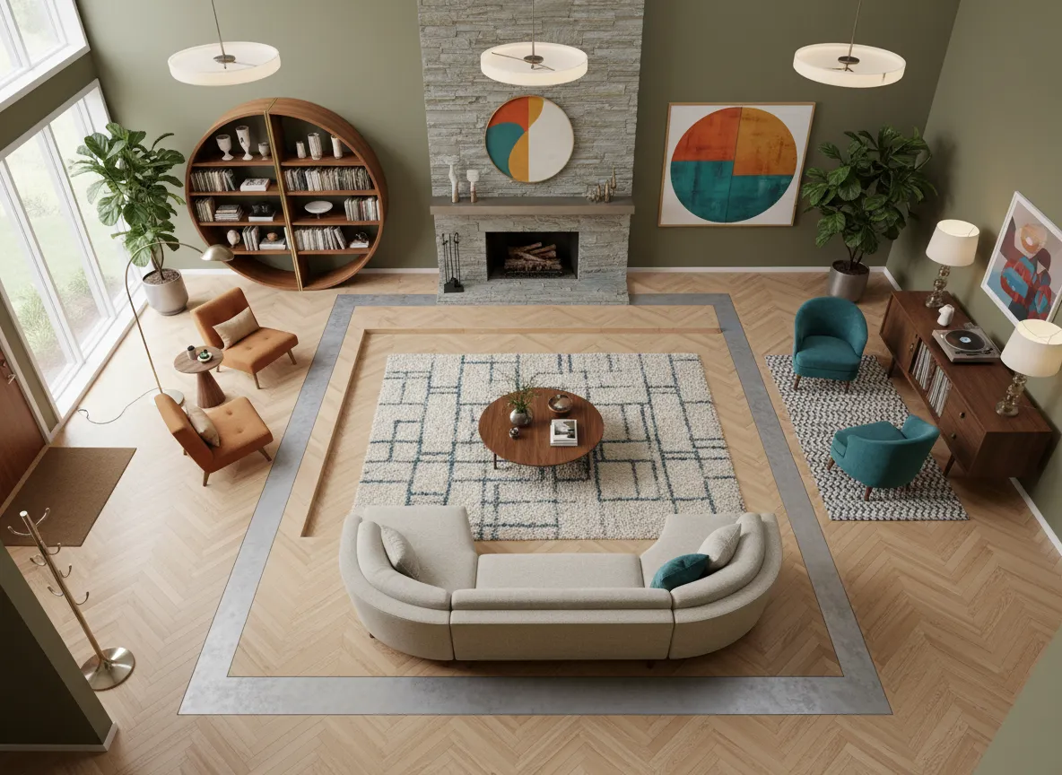 Vista dall'alto generata dall'IA, che mostra un layout ben pianificato di un soggiorno MCM con percorsi chiari e zone funzionali distinte.