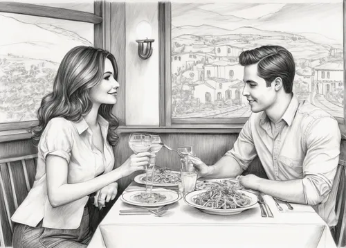 Imagine a romantic dinner date at Fazoli's, exploring the delightful menu together.,romantic scene,romantic dinner,romantic meeting,date,romantic portrait,dating,paris cafe,dinner for two,paris clip a