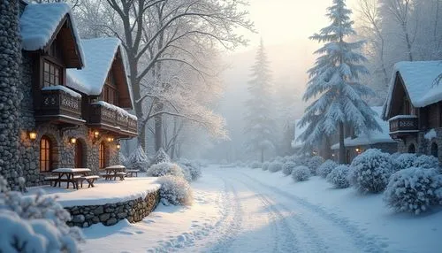 Winter scenery, snow-covered trees, gentle snowfall, soft focus, misty atmosphere, frozen lake, icy road, snowy village, European-style architecture, warm lighting, cozy interior, wooden furniture, st